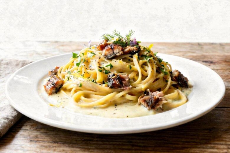 Linguine με καπνιστό χέλι & κρέμα λεμονιού