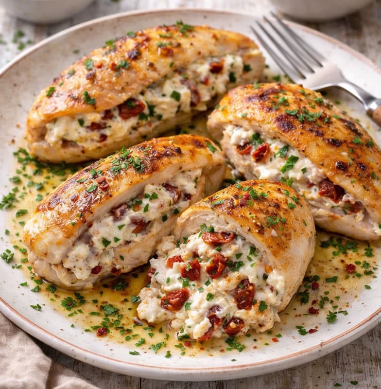 Κοτόπουλο γεμιστό με γαλοτύρι και λιαστή ντομάτα